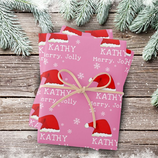 Pink Red Santa Hat Snowflake Merry Jolly Kids Wrapping Paper Sheet (Creator Uploaded)