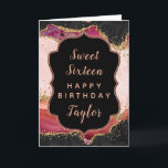 Pink Red Sequins Agate Sweet 16 Happy Birthday Card<br><div class="desc">This elegant and glamourous birthday card can be personalized with a name or title such as daughter, granddaughter, niece, friend etc. The design features a pink, black and red agate marble background with faux gold glitter accents. The text combines handwritten script and modern sans serif fonts for a classy and...</div>