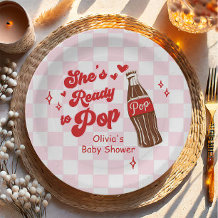Pink Red She's Ready to Pop Baby Shower Paper Plate