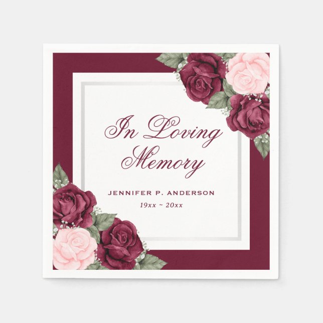 Pink Red Silver Floral Funeral Memorial Napkin (Front)