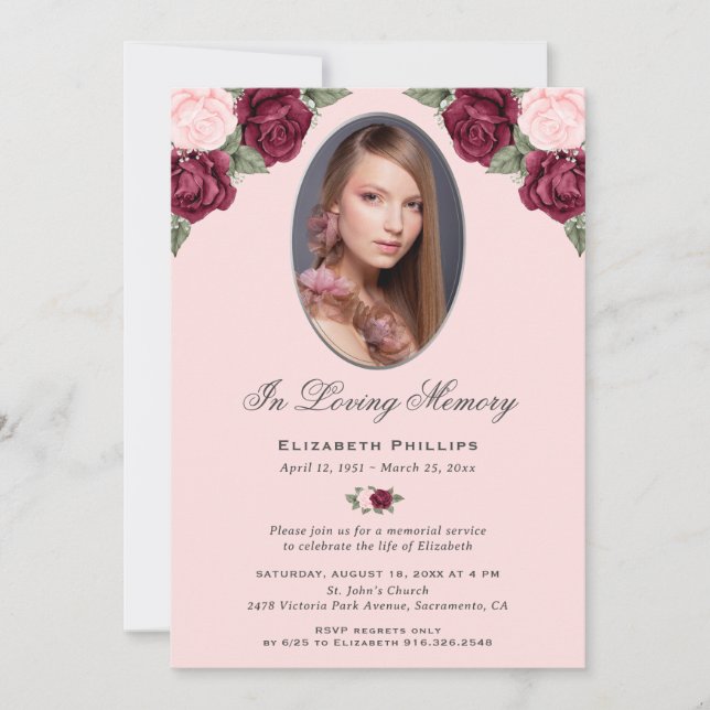 Pink Red Silver Floral Photo Memorial Service Invitation (Front)
