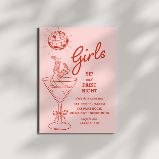 Pink & Red Sip and Paint Party Girls Night Out Invitation (Creator Uploaded)