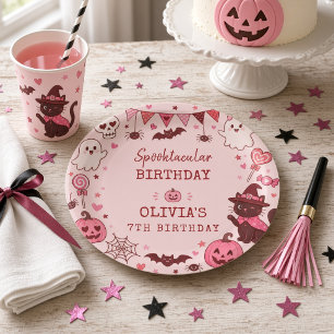 Pink Red Spooktacular Ghost Personalized Girls Paper Plate