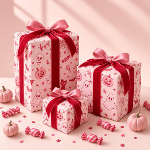 Pink Red Spooky Cute Ghost Girls Halloween Wrapping Paper