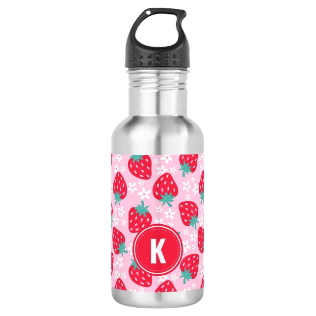 Pink Red Strawberries Floral  Pattern Monogram 532 Ml Water Bottle (Front)