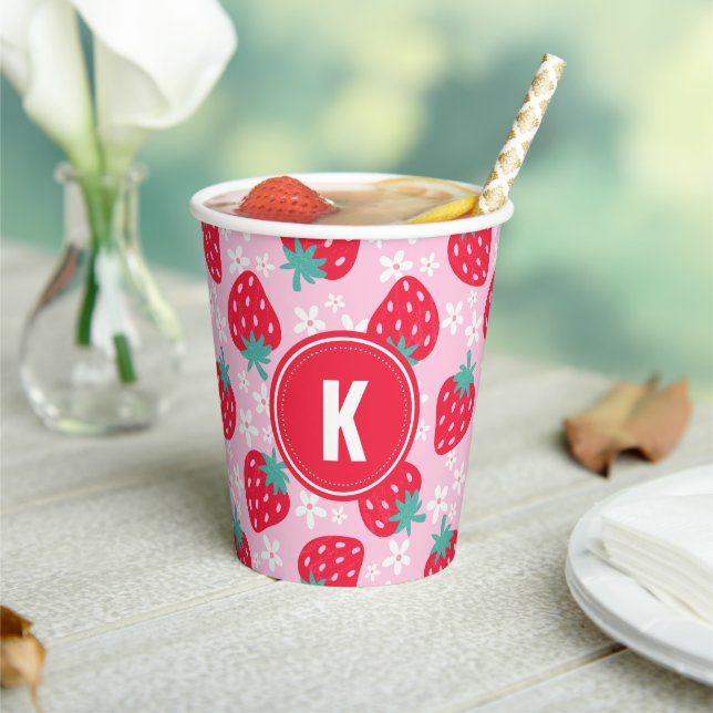 Pink Red Strawberries Floral  Pattern Monogram Paper Cups (Insitu)