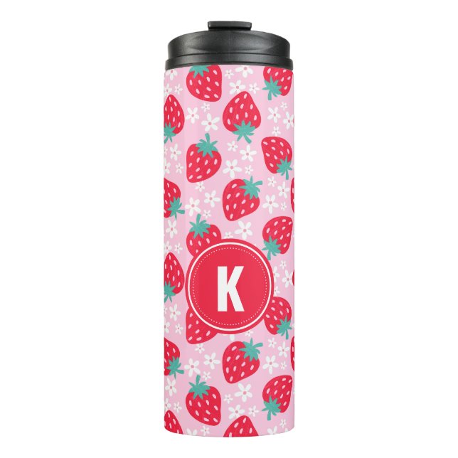Pink Red Strawberries Floral  Pattern Monogram Thermal Tumbler (Front)