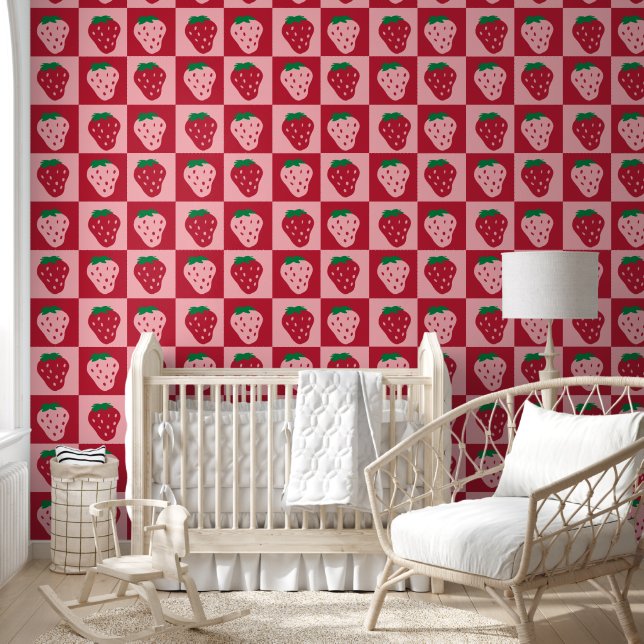 Pink Red Strawberry  Pattern Kids Nursery Room Wallpaper (Kids)