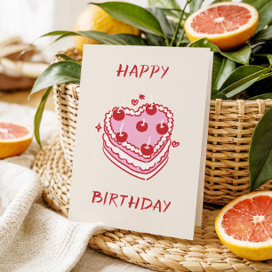 Pink & Red Sweet Dessert- Cute Heart Cake Birthday Card