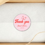 Pink & Red Thank you Wedding Favour  Classic Round Sticker<br><div class="desc">Pink and red modern thank you wedding favour sticker.</div>