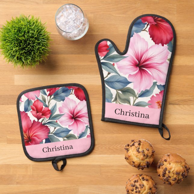 Pink Red Tropical Flowers  Oven Mitt & Pot Holder Set (Top Down)
