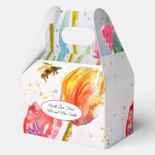 Pink Red Tulip and Bee Watercolor Painting Wedding Favor Box