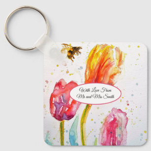 Pink Red Tulip and Bee Watercolor Painting Wedding Keychain