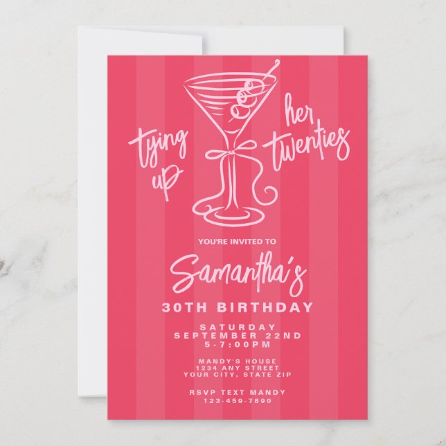 Pink & Red Tying Up Her Twenties 30th Birthday Invitation (Front)