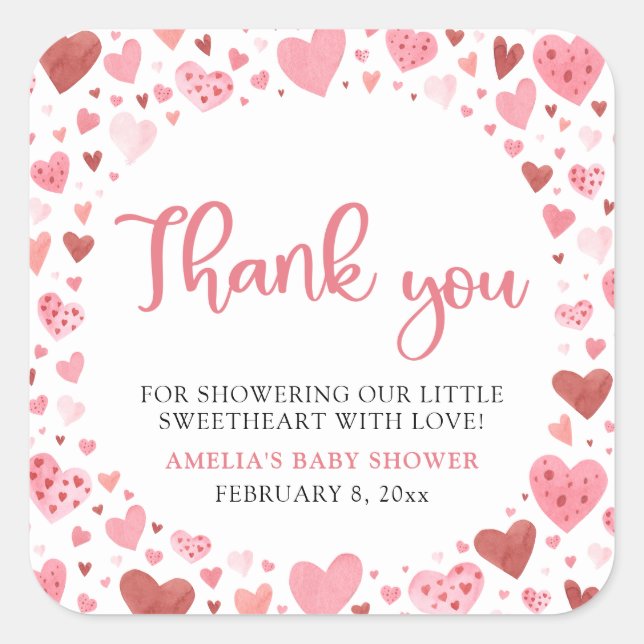 Pink Red Valentine A Little Sweetheart Baby Shower Square Sticker (Front)
