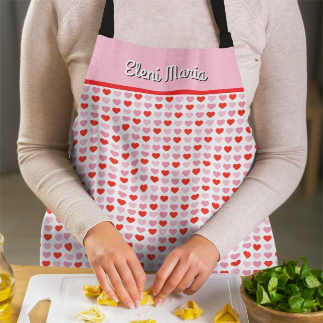 Pink & Red Valentine Heart Pattern Custom Name Apron (Creator Uploaded)
