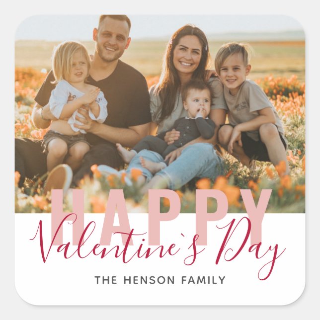Pink Red Valentine`s Day Script Family Photo Square Sticker (Front)