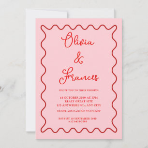 Pink Red Vintage Bow Wavy Frame Wedding Invitation