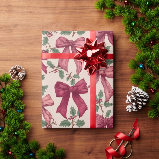 Pink Red Vintage Christmas Bows Wrapping Paper (Holiday Gift)