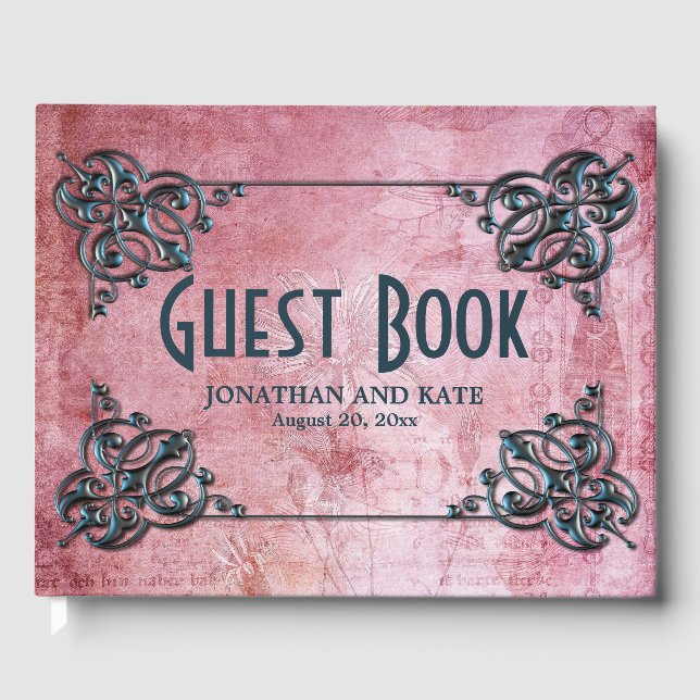 Pink Red Vintage-Inspired Personalized Wedding Guest Book (Front)