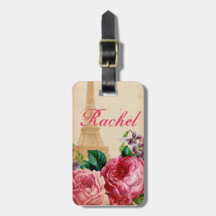 Pink & Red Vintage Roses Floral & Eiffel Tower Luggage Tag