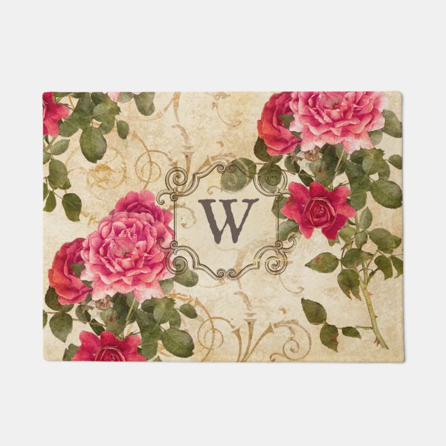 Pink Red Vintage Roses Monogrammed Initial Doormat (Front)