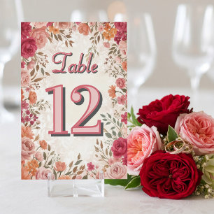 Pink & Red Vintage Spring Floral Wedding Table Number