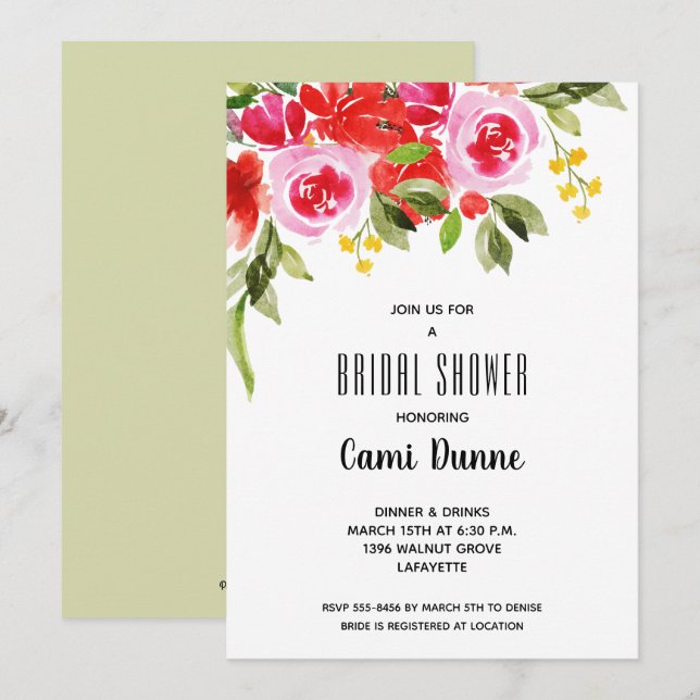 Pink Red Watercolor Floral Bridal Shower Invites (Front/Back)