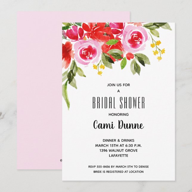 Pink Red Watercolor Floral Bridal Shower Invites (Front/Back)