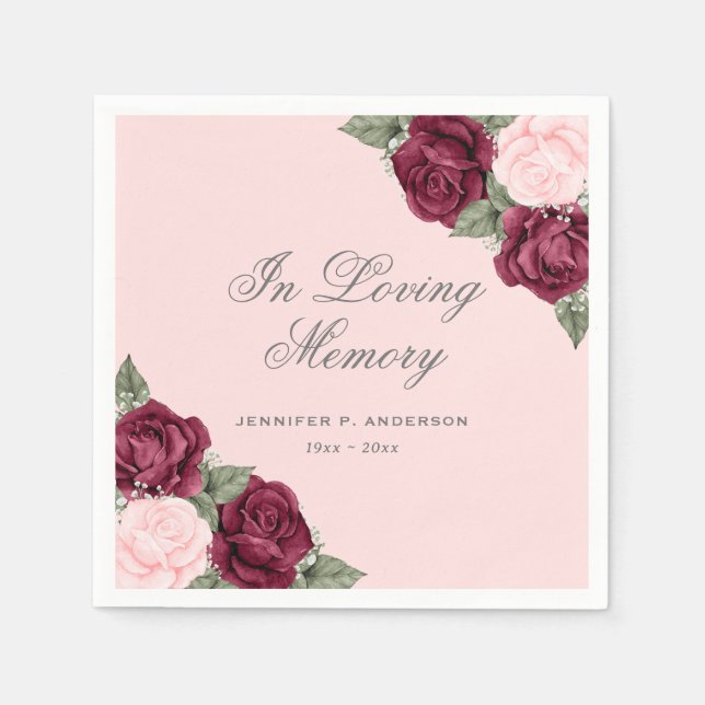 Pink Red Watercolor Floral Funeral Memorial Napkin (Front)