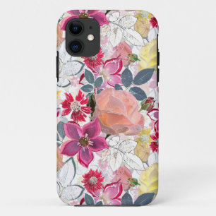 Pink, red watercolor flowers.  iPhone 11 case
