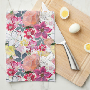 Pink, red watercolor flowers. kitchen towel