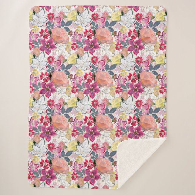 Pink, red watercolor flowers.  sherpa blanket (Front)