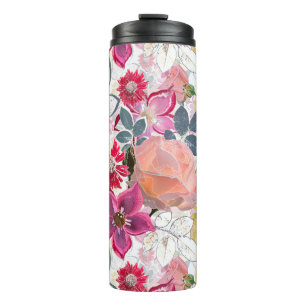 Pink, red watercolor flowers. thermal tumbler