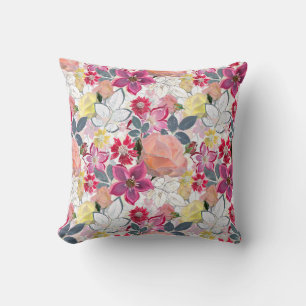 Pink, red watercolor flowers. throw pillow
