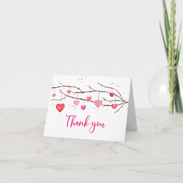 Pink Red Watercolor Hearts Birthday Thank You Card (Front)