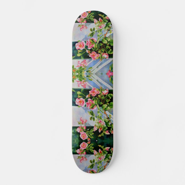 Pink red watercolor roses skateboard (Front)