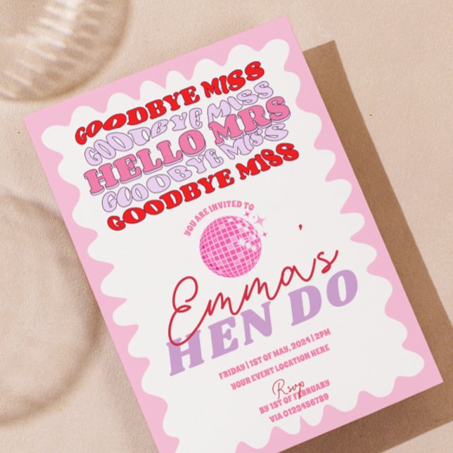 Pink Red Wavy Bachelorette Party Hen Itinerary Invitation (Red Pink Wavy Border Goodbye Miss Hello Mrs Hen Do Bachelorette Party Invite )