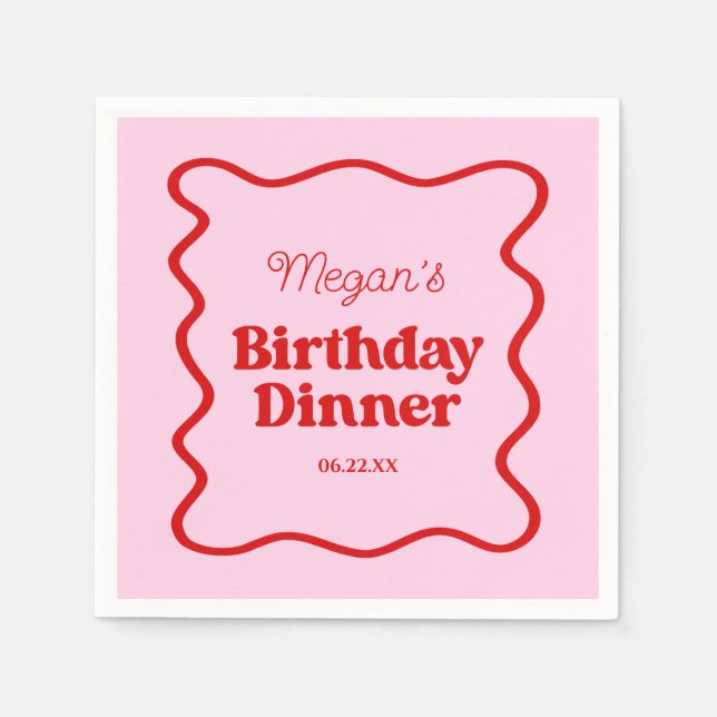 Pink Red Wavy Border Birthday Dinner Party Napkin (Front)