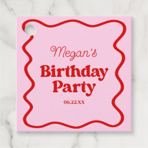 Pink Red Wavy Border Birthday Party Favour Tags