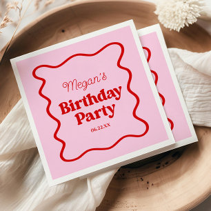 Pink Red Wavy Border Birthday Party Napkin