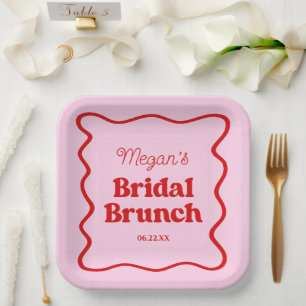 Pink Red Wavy Border Bridal Shower Brunch Paper Plate