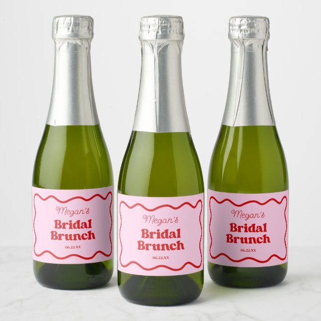 Pink Red Wavy Border Bridal Shower Brunch Sparkling Wine Label (Bottles)
