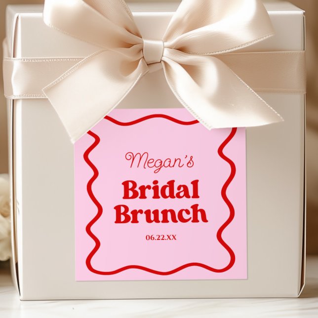 Pink Red Wavy Border Bridal Shower Brunch Square Sticker (Creator Uploaded)