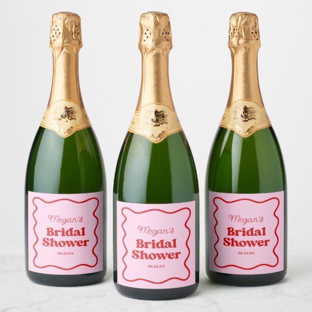 Pink Red Wavy Border Bridal Shower Sparkling Wine Label (Bottles)
