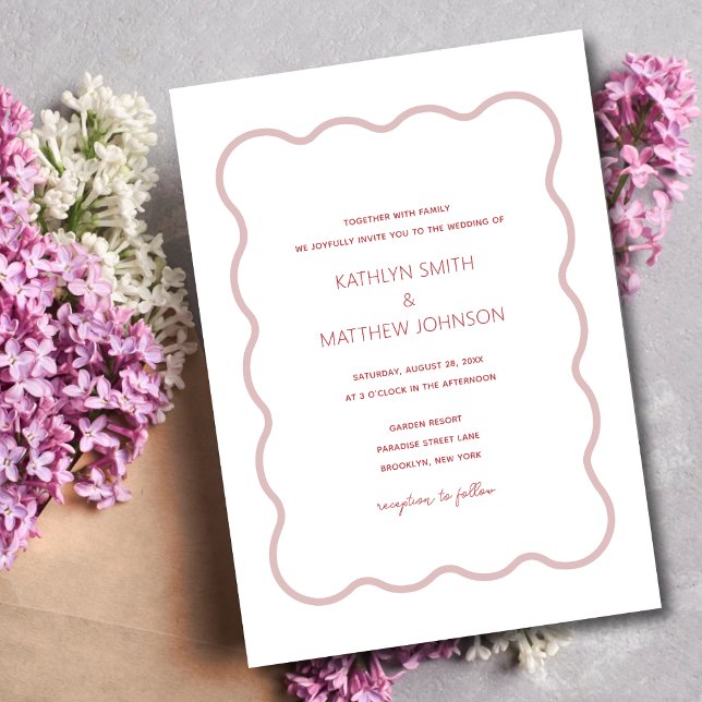 Pink Red Wavy Border Modern Retro Wedding Invitation (Creator Uploaded)