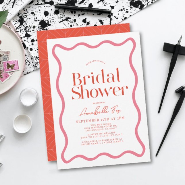 Pink & Red Wavy Frame Trendy Bridal Shower Invitation (Creator Uploaded)