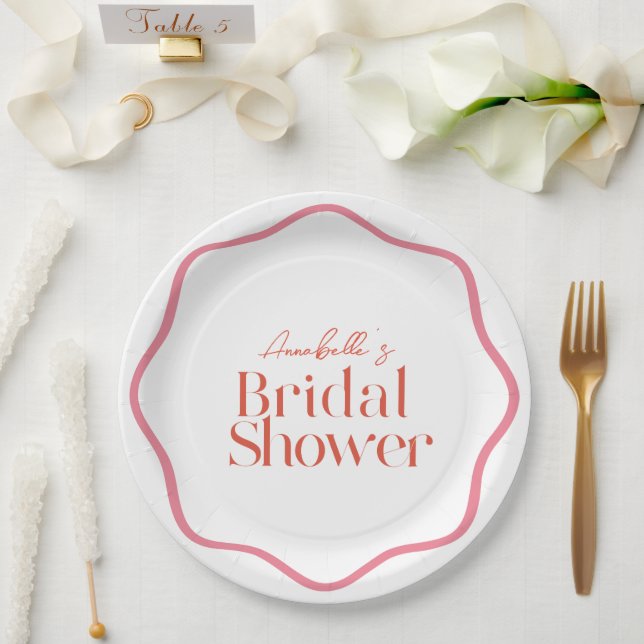 Pink & Red Wavy Frame Trendy Bridal Shower Paper Plate (Wedding)