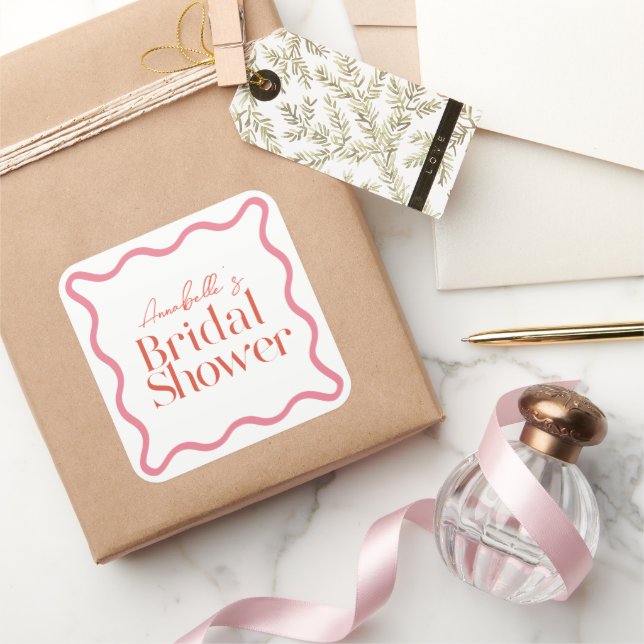 Pink & Red Wavy Frame Trendy Bridal Shower Square Sticker (Gifting)