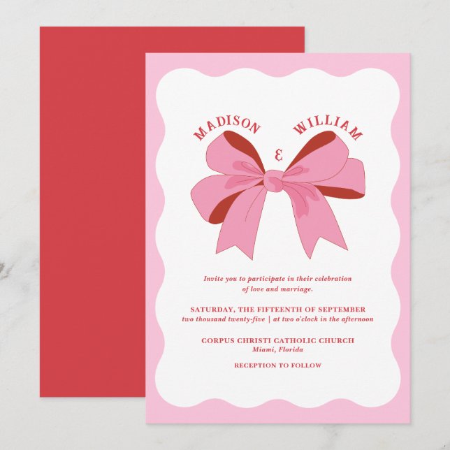 Pink Red Wavy Retro Wedding Invitation (Front/Back)